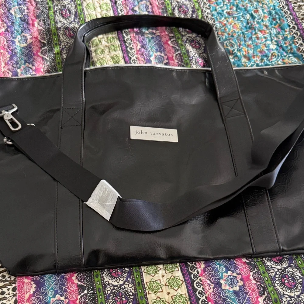 John Varvatos Black Glossy Faux Leather Duffel